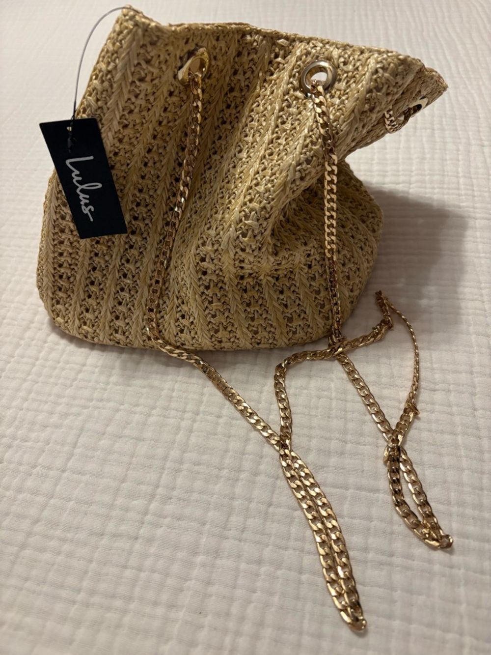 Lulu's Straw Drawstring Mini Miles to Go Shoulder Bag in Beige